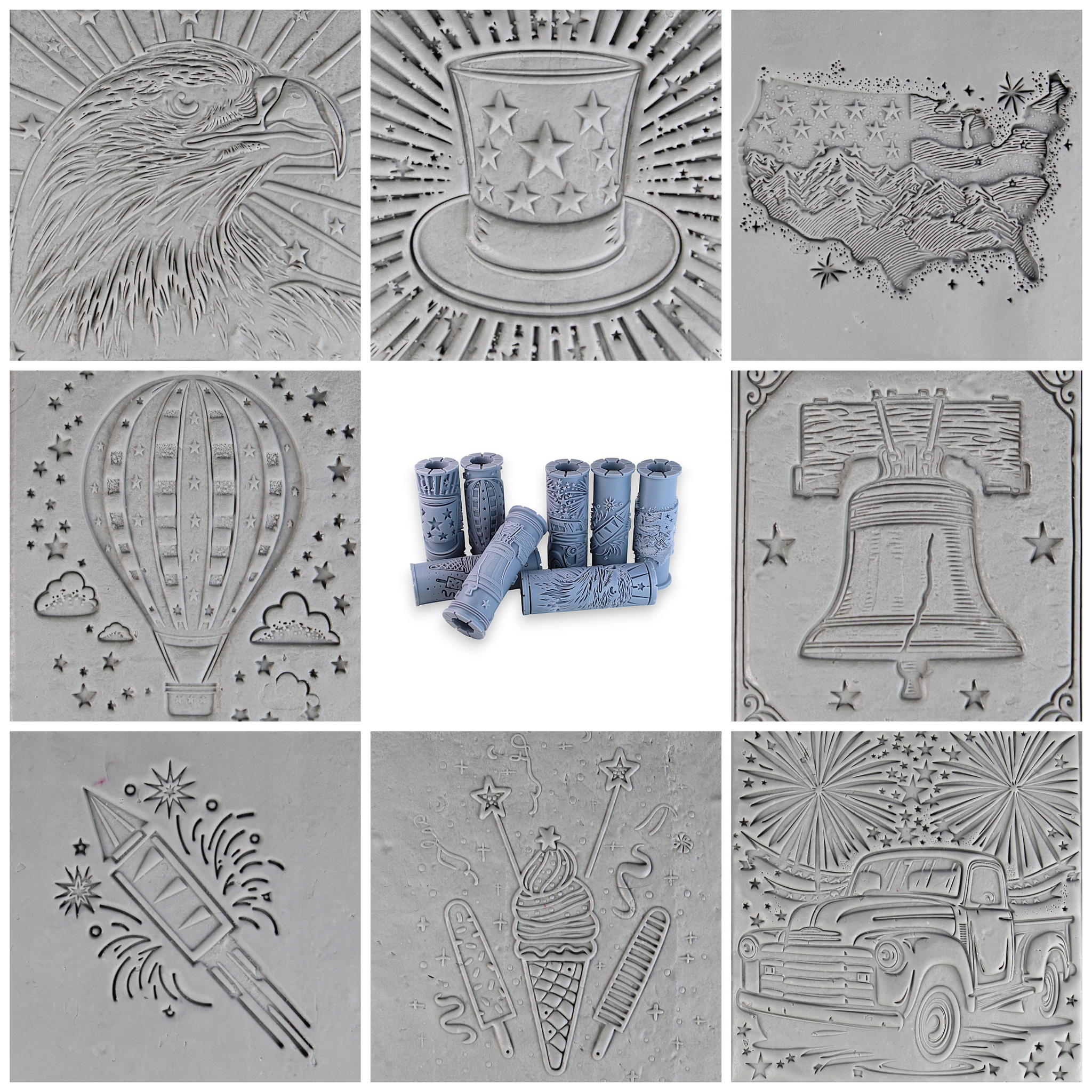 America Clay Texture Roller Set #01 - Stars & Stripes and Americana Icons (4