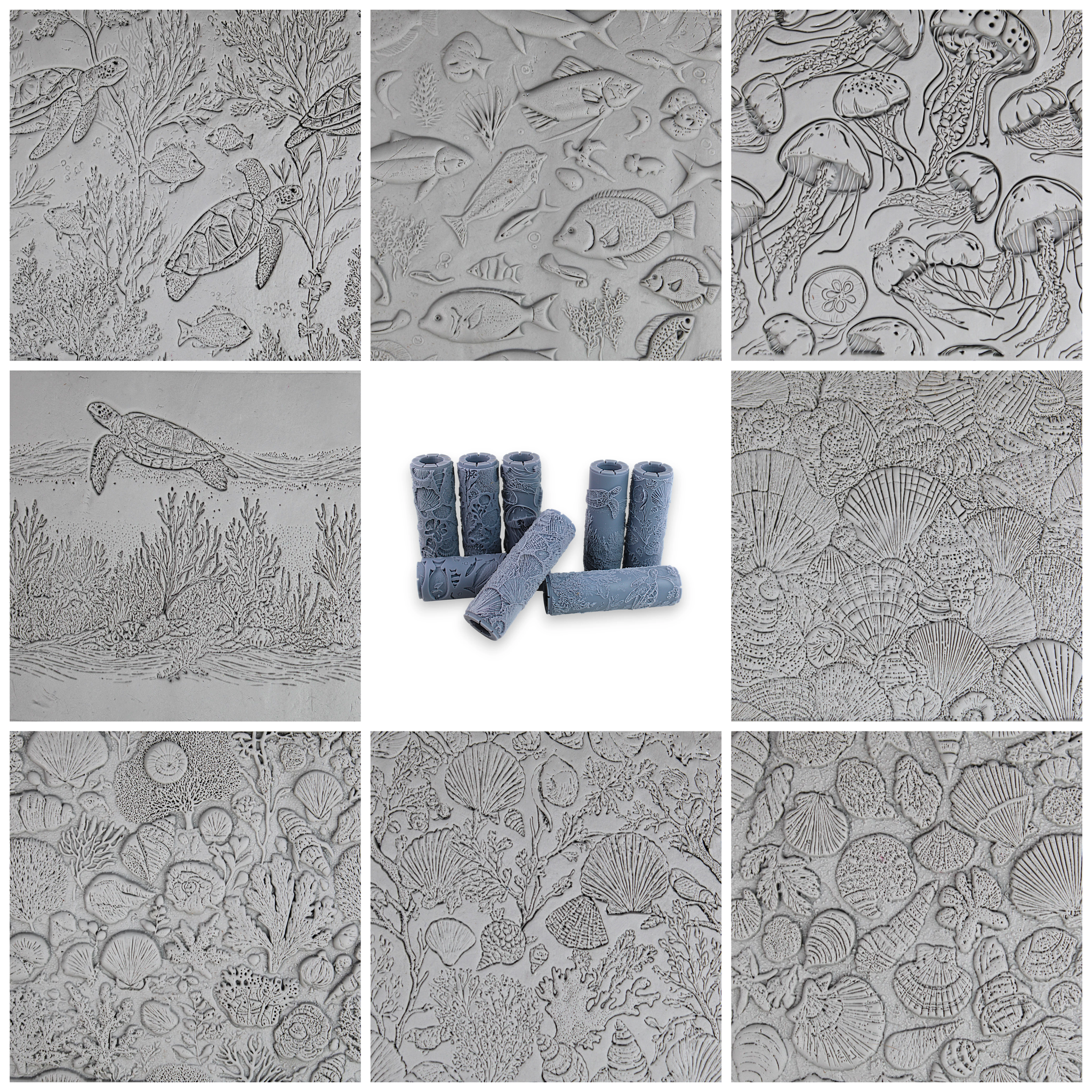 Seamless Ocean Clay Texture Roller Set #01 - Coastal Creatures & Shells and Seafloor (4